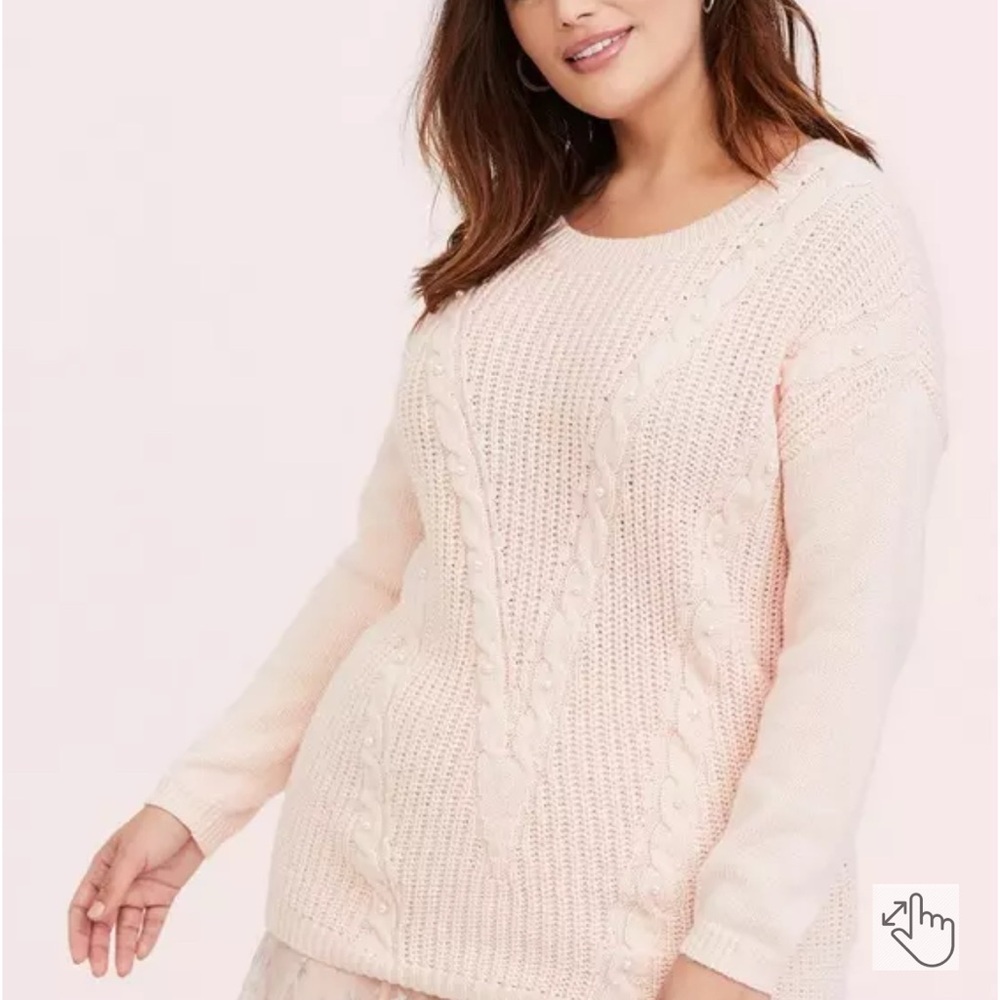 Blush Pink Cable Knit Faux Pearl Sweater